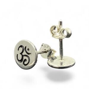 OM Disc Stud Post Earrings 925 Sterling Silver Stamped Aum Yoga Meditation